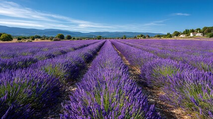 Obraz premium A vast field of lavender blooms with a house in the background and a blue sky with wisp cloud formations in the distance
