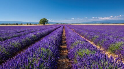 Naklejka premium Lavender field with a solitary tree amidst it and distant mountains in the background