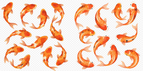 Collection of watercolor-style koi fish swimming in various orientations, featuring orange and white coloration on a transparent background.