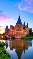 Naklejka premium Medieval castle reflected in a calm river at sunset