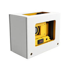 Fototapeta premium Yellow device in white box, studio shot, packaging, technology