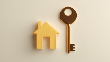 Home and key symbolizing real estate, security, and ownership in a minimalist style on a light background Generative AI