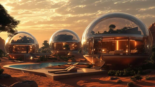 Futuristic glass dome houses glowing at sunset in red desert landscape with trees and soft clouds, sustainable architecture, off-world living, Mars habitat design and future ecological settlements
