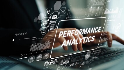 Hands Typing on Laptop with Digital Performance Analytics Overlay and Data Visualization Elements. Asymptotic smart data analytic.