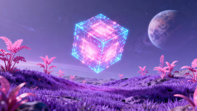 The cartoon-like scene of a cube-shaped empty universe