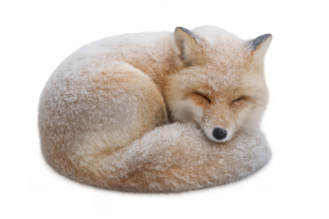 Red fox sleeping curled up in winter snow