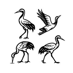 Fototapeta premium Stylized Crane Icon Set – Black and White Bird Behavior Line Illustrations