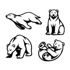 Naklejka premium Stylized Polar Bear Icon Set – Black and White Arctic Animal Behavior Illustrations