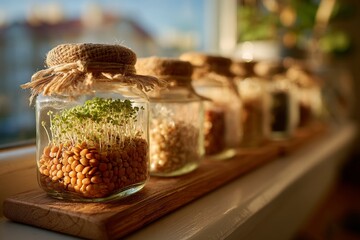 Homegrown sprouting seeds in glass jars on wooden windowsill symbolize urban gardening, sustainability, and healthy lifestyle in natural home setting