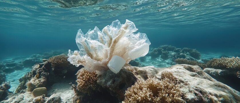 Ocean plastic pollution impacting coral reef ecosystem underwater photography