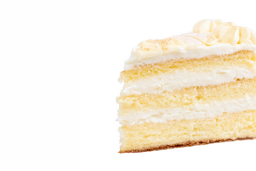 Slice of layered vanilla cake with cream frosting and gold dust, isolated on white transparent background