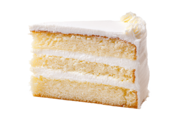 Delicious Layered Vanilla Cake Slice with White Frosting, isolated on white transparent background