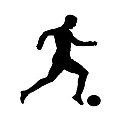 A bold, black silhouette of a soccer player running with the ball, conveying speed and athleticism.