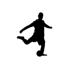 A bold, black silhouette of a soccer player mid-kick, set against a pure white background.