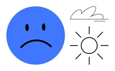 Large blue sad face with curved frown, minimal black eyes. Sun symbolizes positivity, cloud suggests duality. Ideal for emotions, mental health, mood swings, weather concepts, therapy optimism