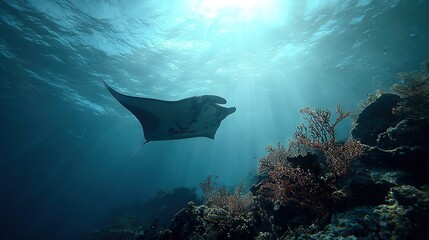   Manta ray swimming over coral reef in tropical ocean