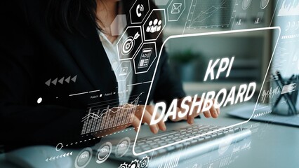Professional woman analyzing KPI dashboard with digital analytics and graphs for business performance evaluation and strategy planning. Asymptotic smart data analytic.