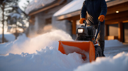 Homeowner using snowblower on driveway roaring engine powdery snow spray uneven piles. Open rusted garage worn gloves on ledge. Photo with snow spray machine vibes clearing