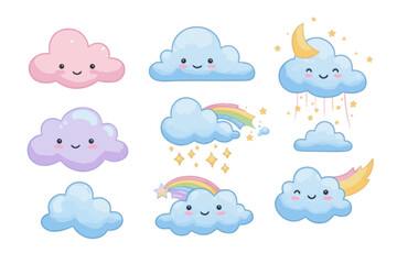 Fantasy Cloud Flat Icon Set – Magical Cloud, Flying Cloud, Colorful Sky Elements – Vector Mini-Illustrations for Children’s Books, Dreamy Scenes, and Whimsical Designs