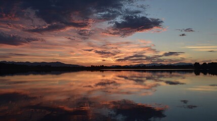 Obraz premium Large water body bathed by sunset's rays, with cloud-filled sky and distant mountain range