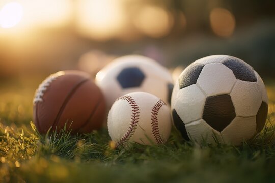 Sports balls resting on grass during golden hour with warm sunlight casting shadows and creating a serene outdoor atmosphere