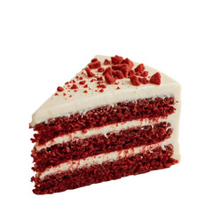 Decadent Delight: A mouthwatering slice of a classic red velvet cake, a symphony of rich red layers, smooth white frosting, and the perfect touch of crumbled red velvet for the finishing flourish.