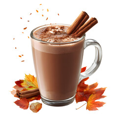 Hot Chocolate with Cinnamon and Autumn Leaves isolated on transparent background