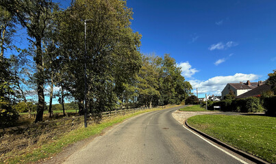 A winding country lane leads through a serene landscape bordered by trees and a few houses. The sky is clear and vibrant, enhancing the peaceful atmosphere on Thorpe Lane in, Guiseley, Leeds, UK