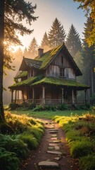 Rustic house in a misty forest at sunrise