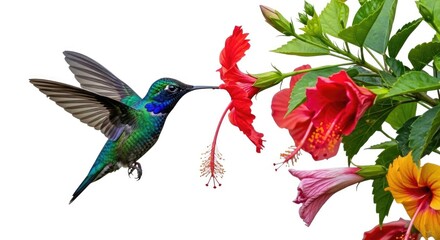 Obraz premium Hummingbird feeding on bright red hibiscus flower isolated on white background