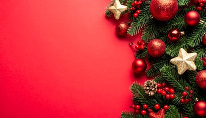 Festive Christmas Decorations on Red Background.
