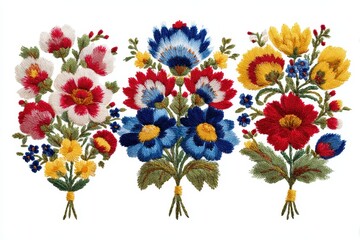 Embroidered three bouquets of Ukrainian flowers featuring vibrant colors and intricate designs showcasing cultural craftsmanship and artistry