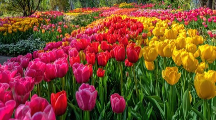   A field with diverse-colored tulips, trees in the background, and bushes in the foreground