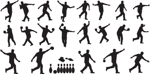  bowling player silhouettes. sport action vector icon set.eps