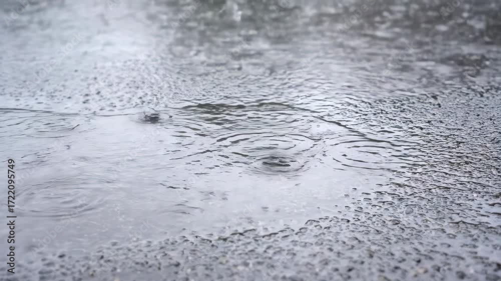 Poster raindrops continuously fall and form expanding puddles on an asphalt surface, showing the wet transf