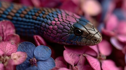 Fototapeta premium A close-up of a blue and purple snake amidst pink and purple flowers on a pink and purple flower bed