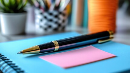 Elegant writing instrument resting on a bright blue notebook with a pink note