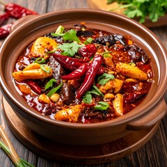 Spicy meat stew in a terracotta pot