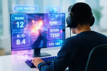 Live match gaming competition online digital content modern room rear view thrilling experience for gamers