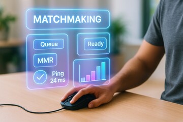 Online gaming matchmaking event virtual space interactive interface technology environment close-up viewpoint competitive concept for gamers