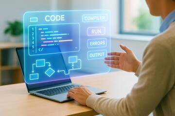 Programming code compilation and execution process office workspace digital display modern environment close-up view software development concept