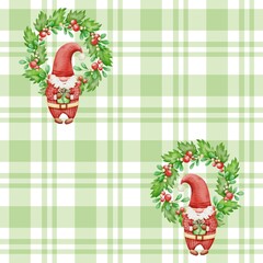 Watercolor Christmas gnomes with gift boxes inside holly wreaths on green plaid background. Festive seamless pattern for textile, fabric print, wrapping paper, napkins, wallpaper, and holiday design.