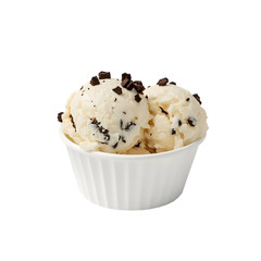 Sweet Delight: A refreshing and delicious scoop of ice cream, adorned with delightful chocolate chips, is presented in a simple, classic white paper bowl, inviting indulgence and joy.