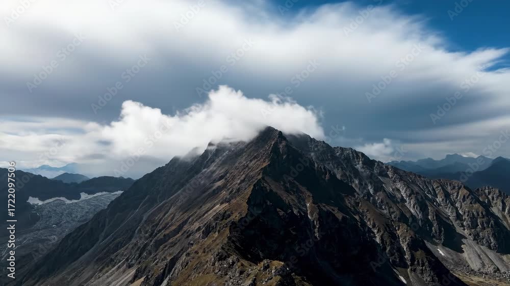 Sticker time-lapse effect wide shot of fast-moving clouds casting shadows over a rugged mountain peak planet