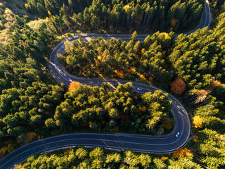 Aerial view of a road with autumn leaves changing