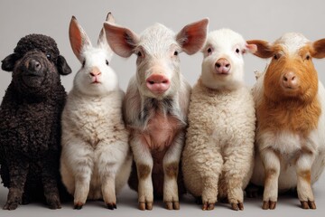 Obraz premium Farm animals posing together in a fun row for a lighthearted group portrait with a playful atmosphere in a studio setting