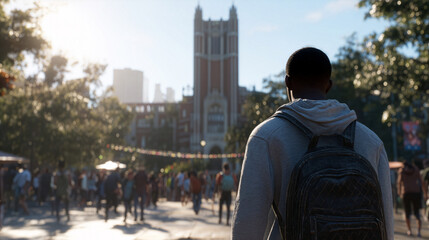 Back of Black college student going back to the university with many other students