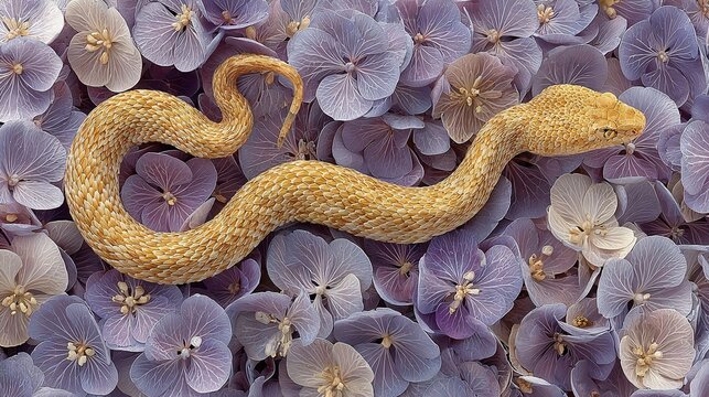   Snake on bed of purple-white flowers with yellow center