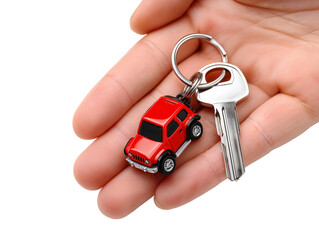 Hand holding car key with red suv keychain isolated on transparent or white background, png