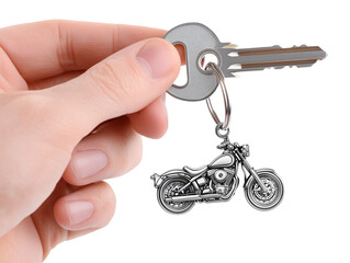 Hand holding key with motorcycle keychain isolated on transparent or white background, png